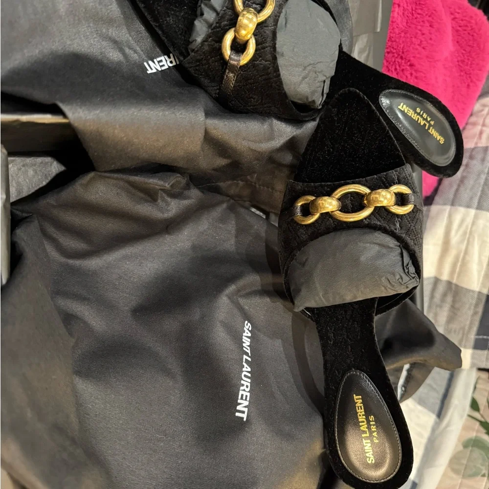 Saint Laurent Black Velvet Mules with Gold Chain Accent - Picture 3 of 9